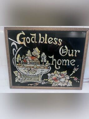 Vintage God Bless Our Home Framed Foil Art